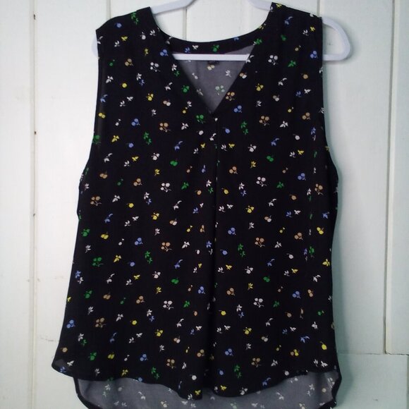 Ann Taylor Blouse Women XL Sleeveless V-Neck Floral Black Colorful - Picture 1 of 16
